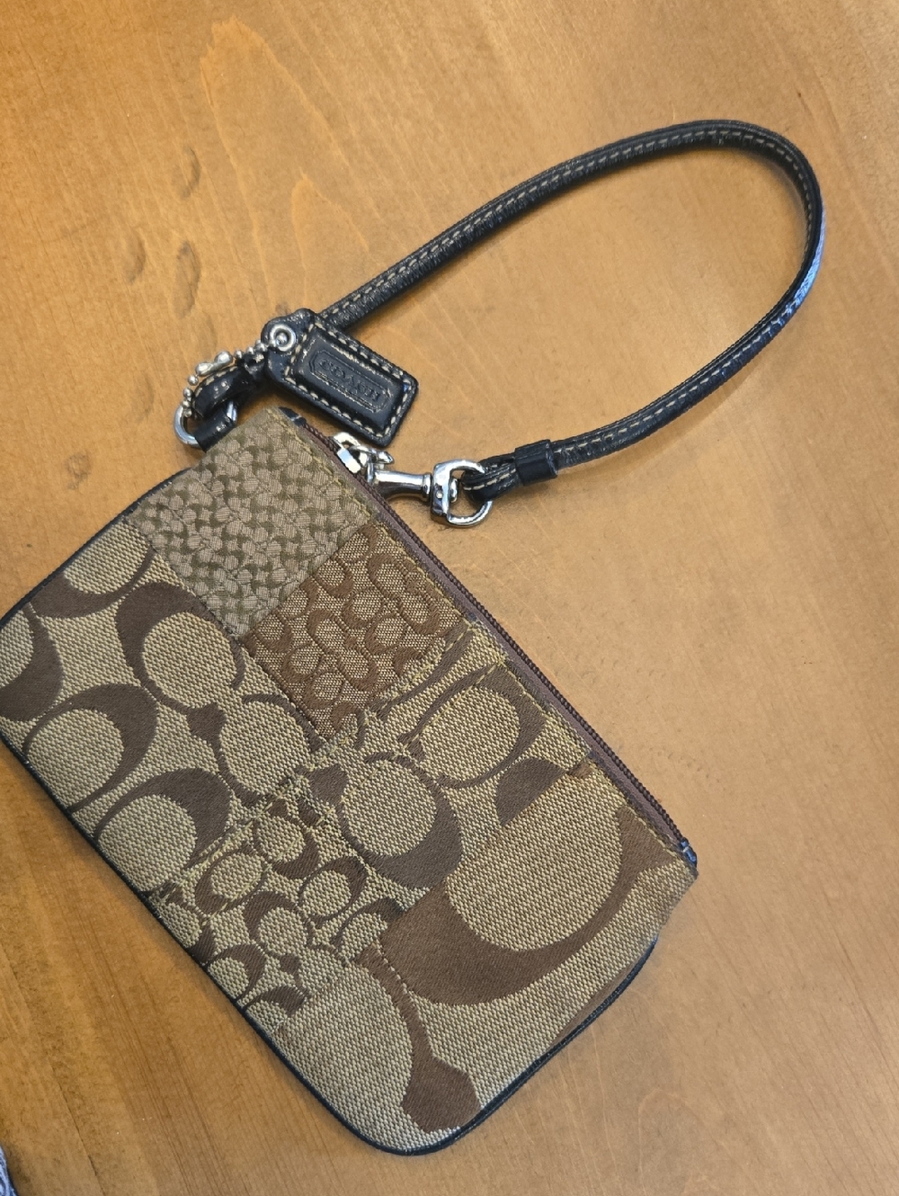 Coach Brown Patchwork Signature Wristlet with Leather Strap